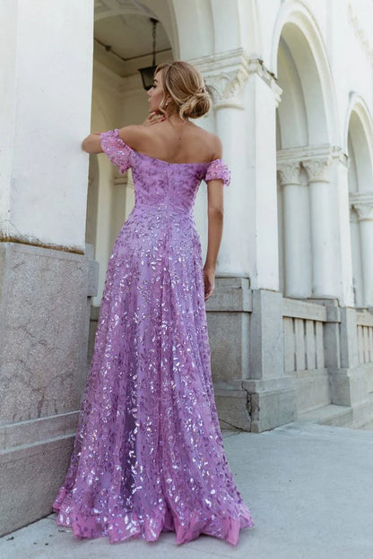 Multi Color Off The Shoulder Floral Sequin A Line Floor Length Formal Evening Prom Dress