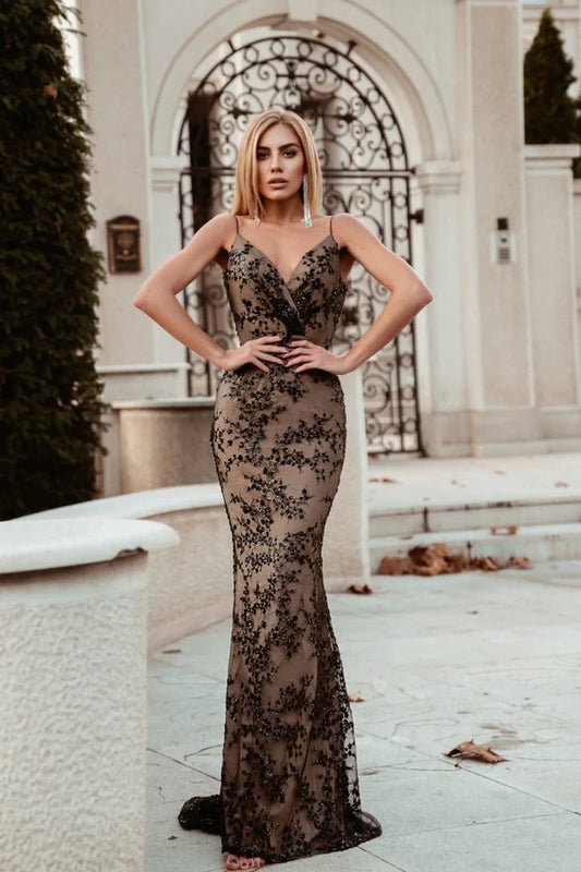 Multi Color Spaghetti Strap V Neck Floral Sequin Mermaid Floor Length Formal Evening Prom Dress