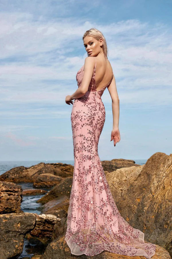 Multi Color Spaghetti Strap V Neck Floral Sequin Mermaid Floor Length Formal Evening Prom Dress