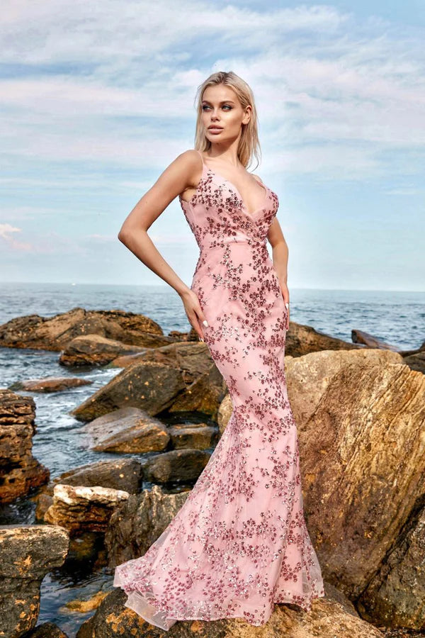 Multi Color Spaghetti Strap V Neck Floral Sequin Mermaid Floor Length Formal Evening Prom Dress