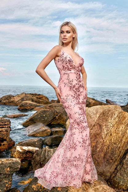 Multi Color Spaghetti Strap V Neck Floral Sequin Mermaid Floor Length Formal Evening Prom Dress