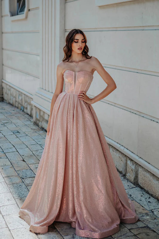Multi Color Strapless Corset Bodice Sequin Glitter Floor Length Formal Evening Prom Dress
