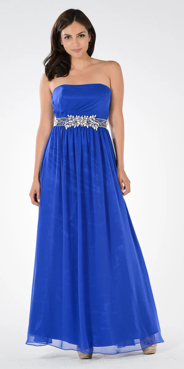 Multi Color Strapless Empire Waist Beaded Sash Back Zipper Floor Length Formal Evening Prom Dress