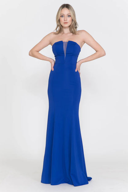 Multi Color Strapless Notched V Neck Mesh Insert Back Zipper Mermaid Floor Length Formal Evening Prom Dress