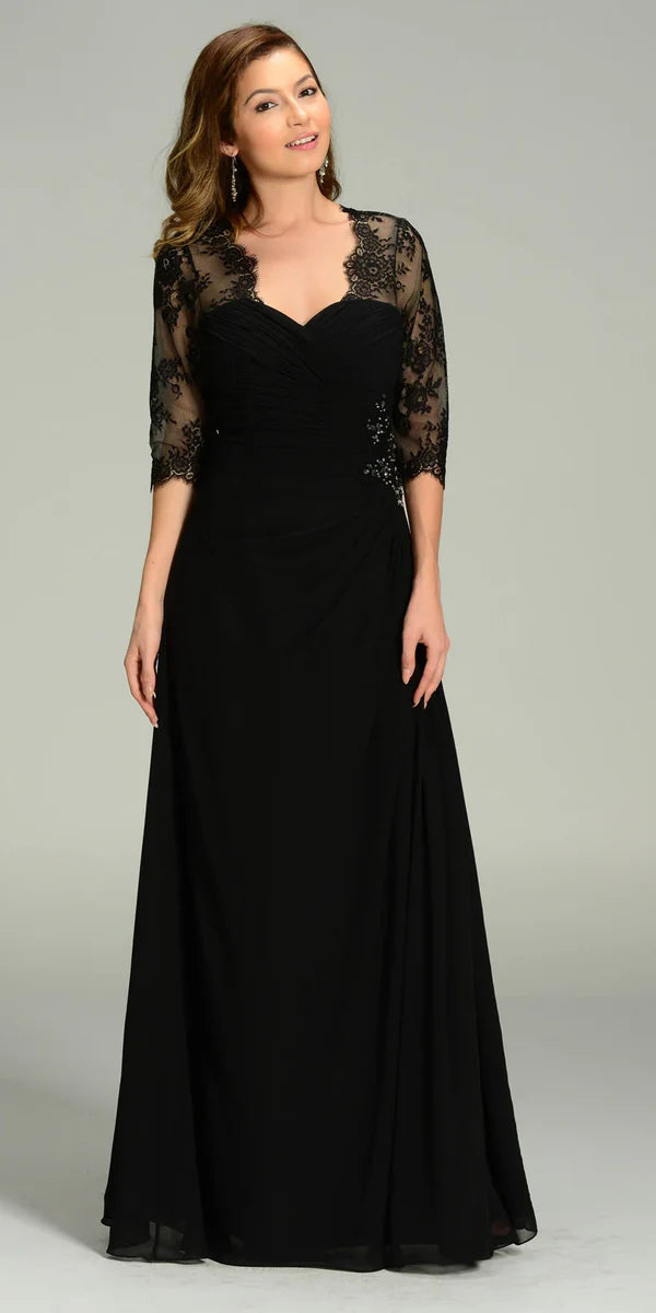 Multi Color Sweetheart Illusion Lace Three Quarter Sleeve Beaded Floor Length Formal Evening Prom Dress