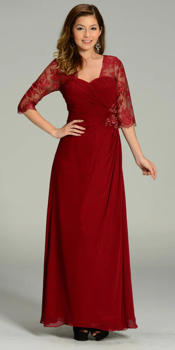 Multi Color Sweetheart Illusion Lace Three Quarter Sleeve Beaded Floor Length Formal Evening Prom Dress