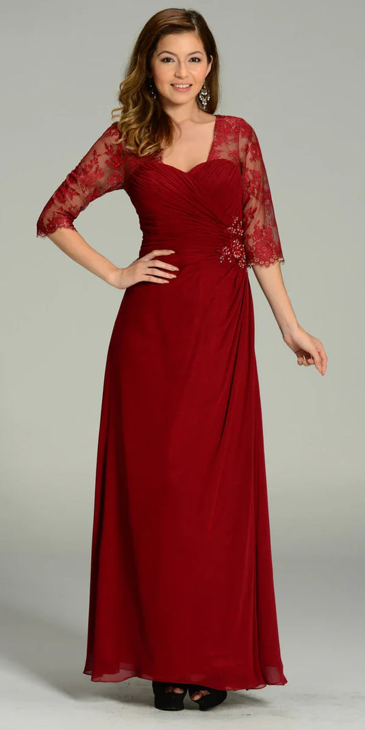 Multi Color Sweetheart Illusion Lace Three Quarter Sleeve Beaded Floor Length Formal Evening Prom Dress