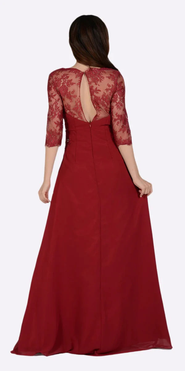 Multi Color Sweetheart Illusion Lace Three Quarter Sleeve Beaded Floor Length Formal Evening Prom Dress