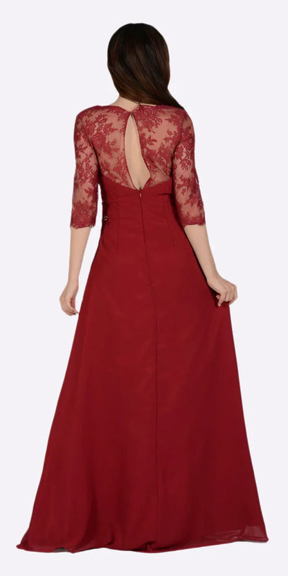 Multi Color Sweetheart Illusion Lace Three Quarter Sleeve Beaded Floor Length Formal Evening Prom Dress