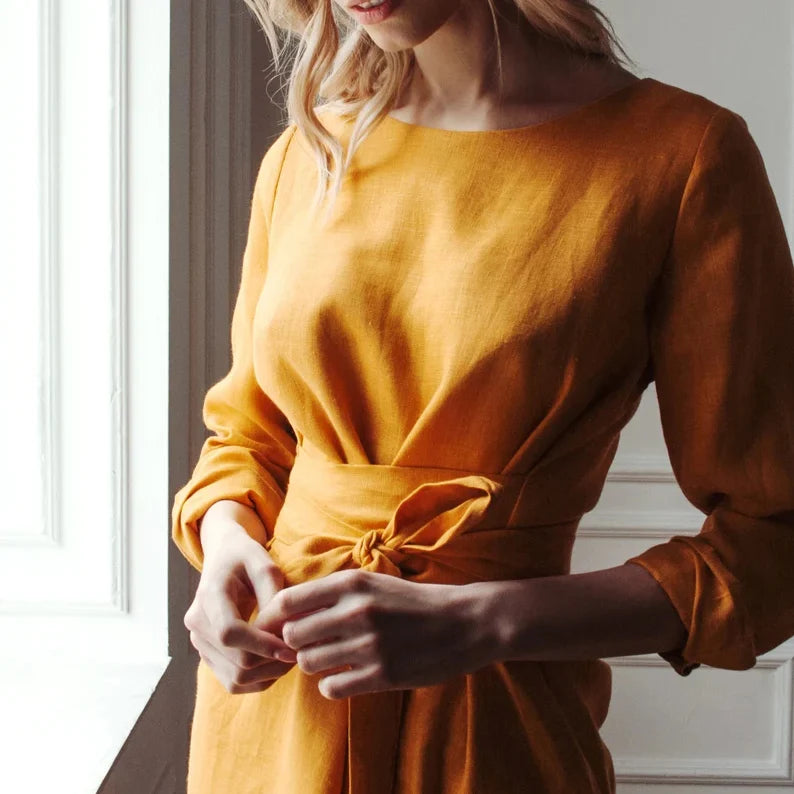 Mustard Linen Midi Evening Dress Round Neck 3/4 Sleeve Belted Side Slit Evening Gown