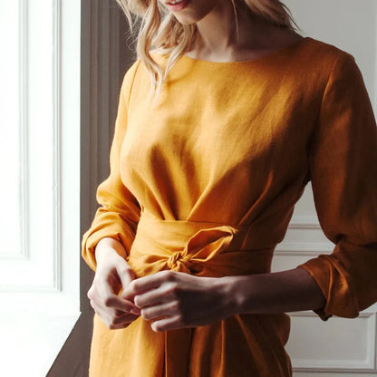 Mustard Linen Midi Evening Dress Round Neck 3/4 Sleeve Belted Side Slit Evening Gown