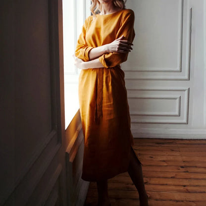 Mustard Linen Midi Evening Dress Round Neck 3/4 Sleeve Belted Side Slit Evening Gown