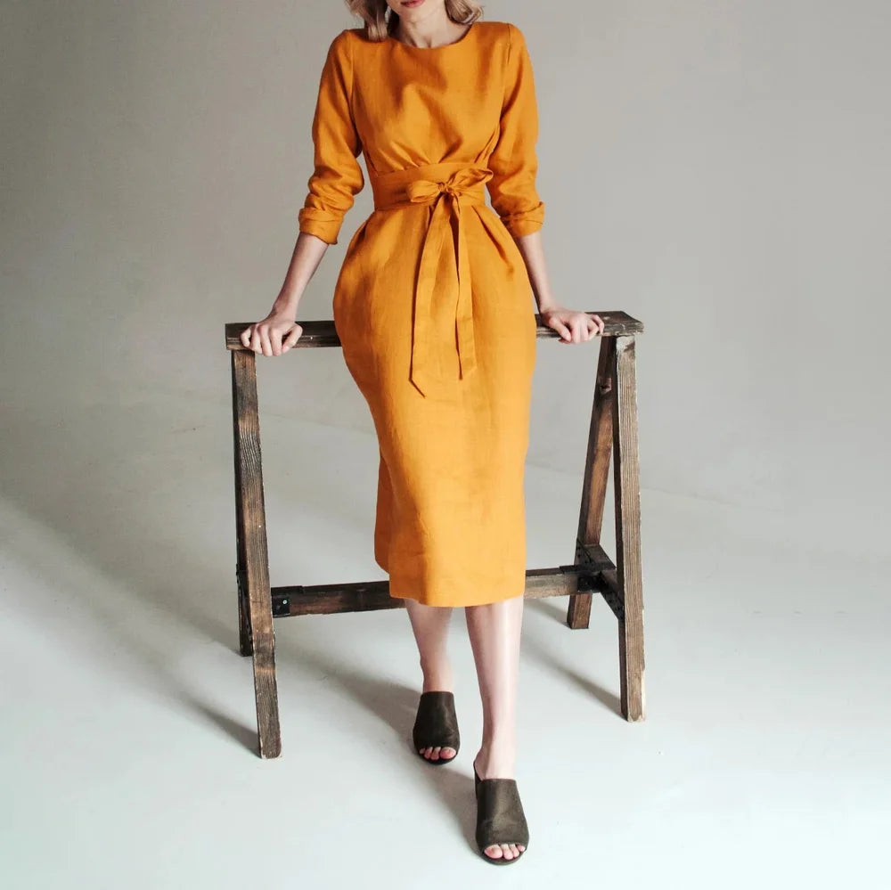 Mustard Linen Midi Evening Dress Round Neck 3/4 Sleeve Belted Side Slit Evening Gown