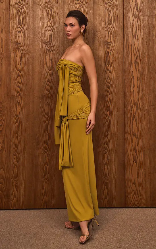 Mustard Strapless Ruched Tie Detail Maxi Evening Dress For Formal Wedding Guest