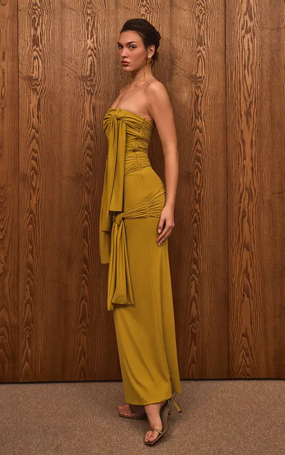 Mustard Strapless Ruched Tie Detail Maxi Evening Dress For Formal Wedding Guest