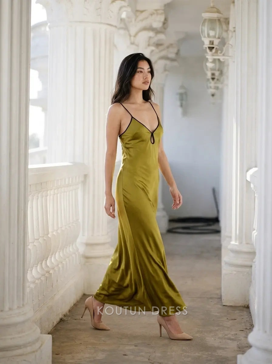 Mustard Yellow Spaghetti Strap V Neck Keyhole Backless Cutout Satin Midi Formal Evening Prom Dress