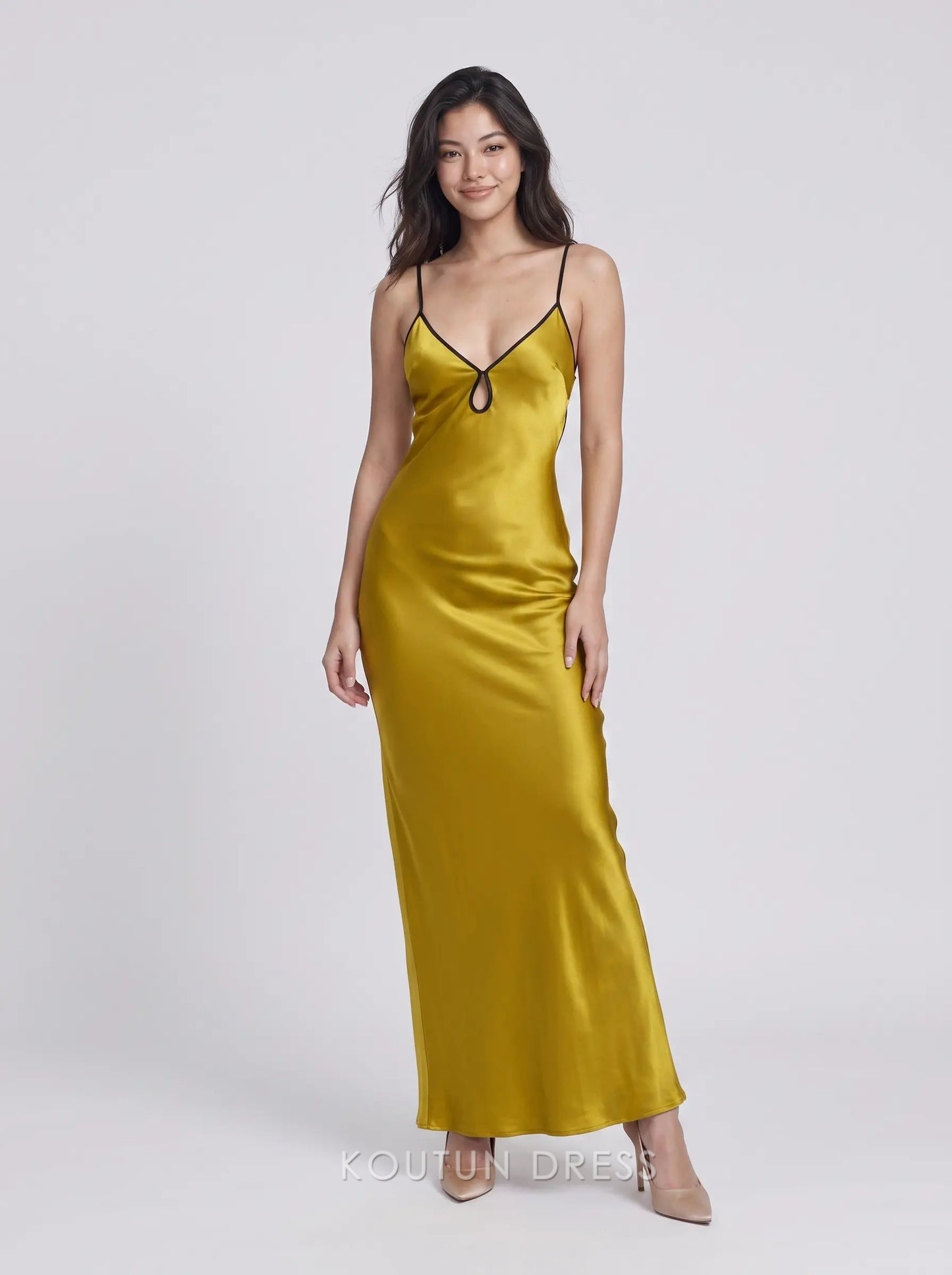 Mustard Yellow Spaghetti Strap V Neck Keyhole Backless Cutout Satin Midi Formal Evening Prom Dress