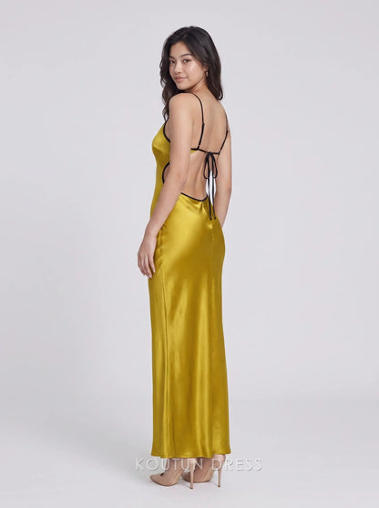 Mustard Yellow Spaghetti Strap V Neck Keyhole Backless Cutout Satin Midi Formal Evening Prom Dress