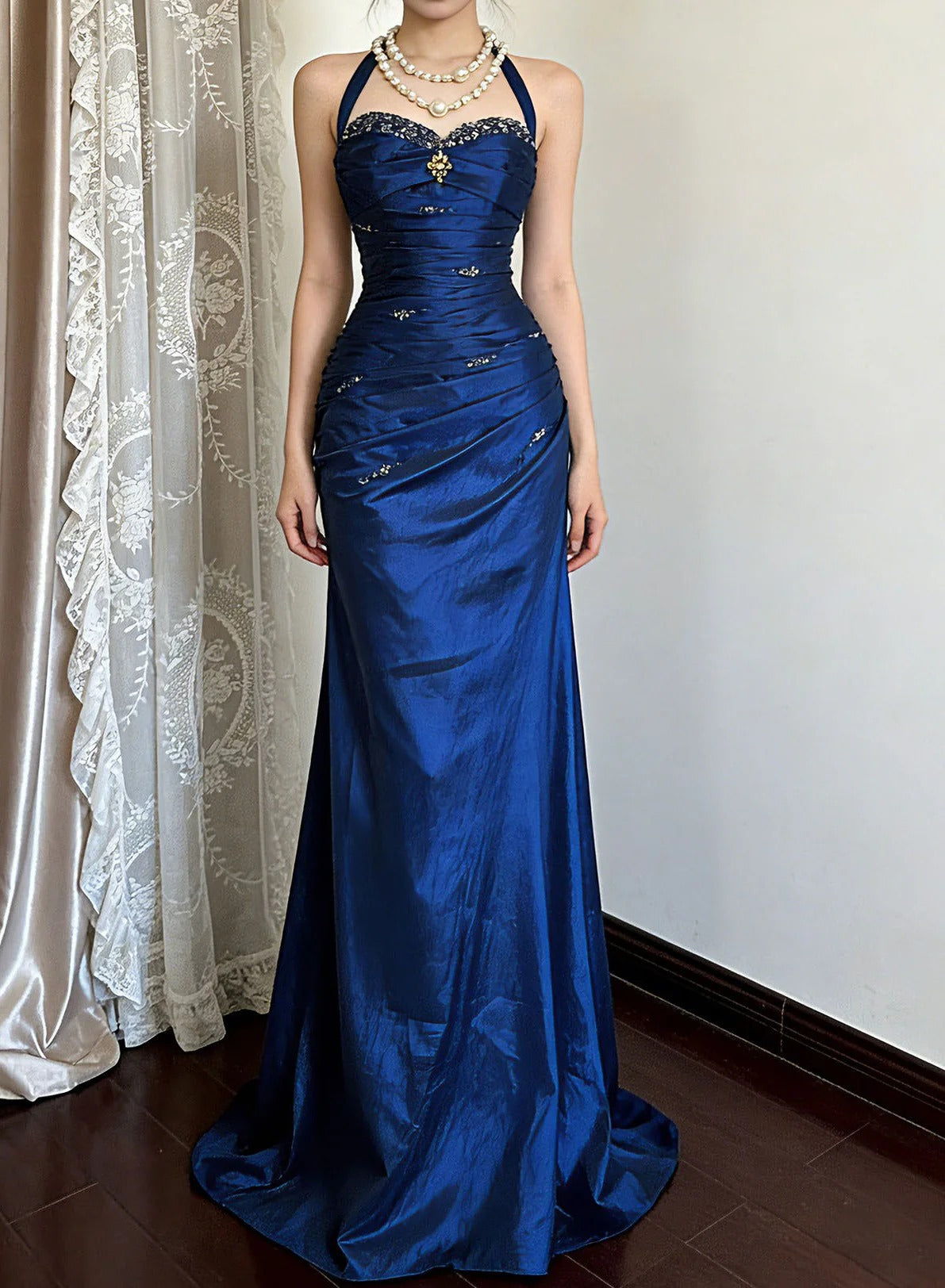 Navy Blue Halter Neck Mermaid Prom Dress With Ruched Bodice And Beaded Detail Formal Prom Dress