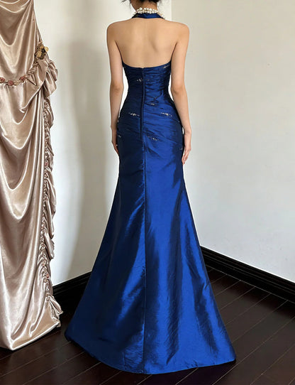 Navy Blue Halter Neck Mermaid Prom Dress With Ruched Bodice And Beaded Detail Formal Prom Dress