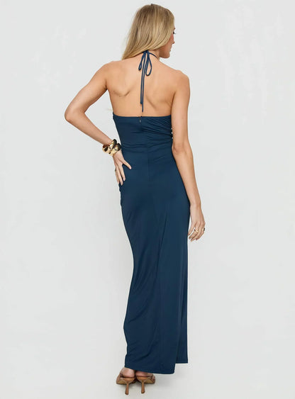 Navy Blue Halter Prom Dress with Keyhole Neck and Ruched Fabric for Formal Events and Prom Nights