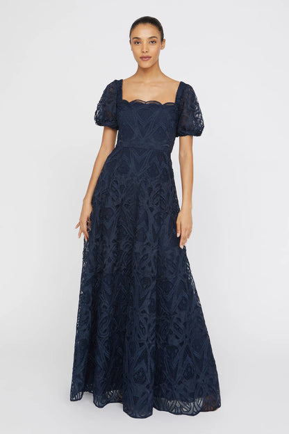 Navy Blue Lace A Line Square Neck Puff Sleeve Scallop Trim Floor Length Formal Evening Prom Dress