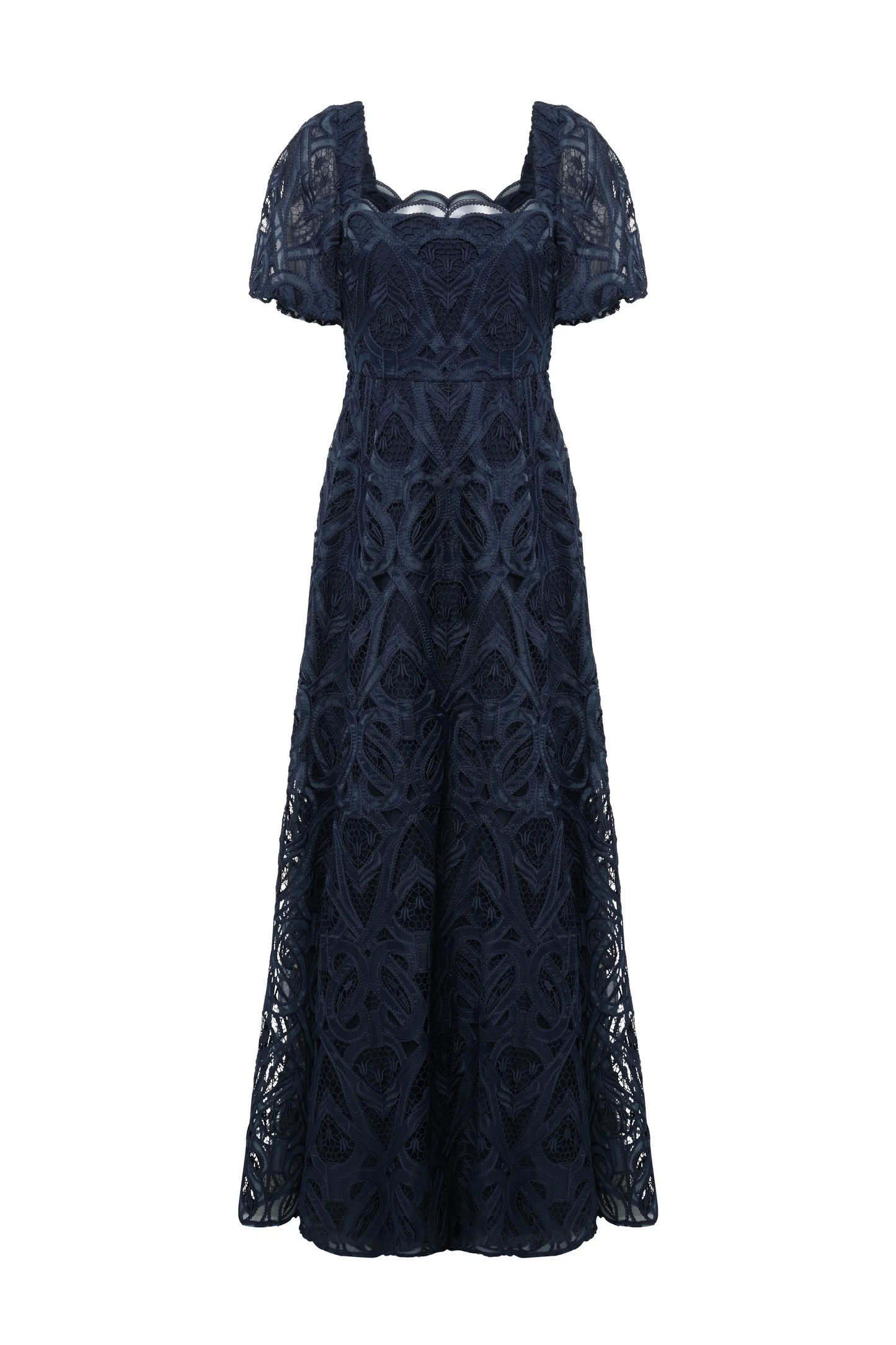 Navy Blue Lace A Line Square Neck Puff Sleeve Scallop Trim Floor Length Formal Evening Prom Dress