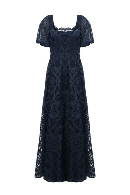 Navy Blue Lace A Line Square Neck Puff Sleeve Scallop Trim Floor Length Formal Evening Prom Dress