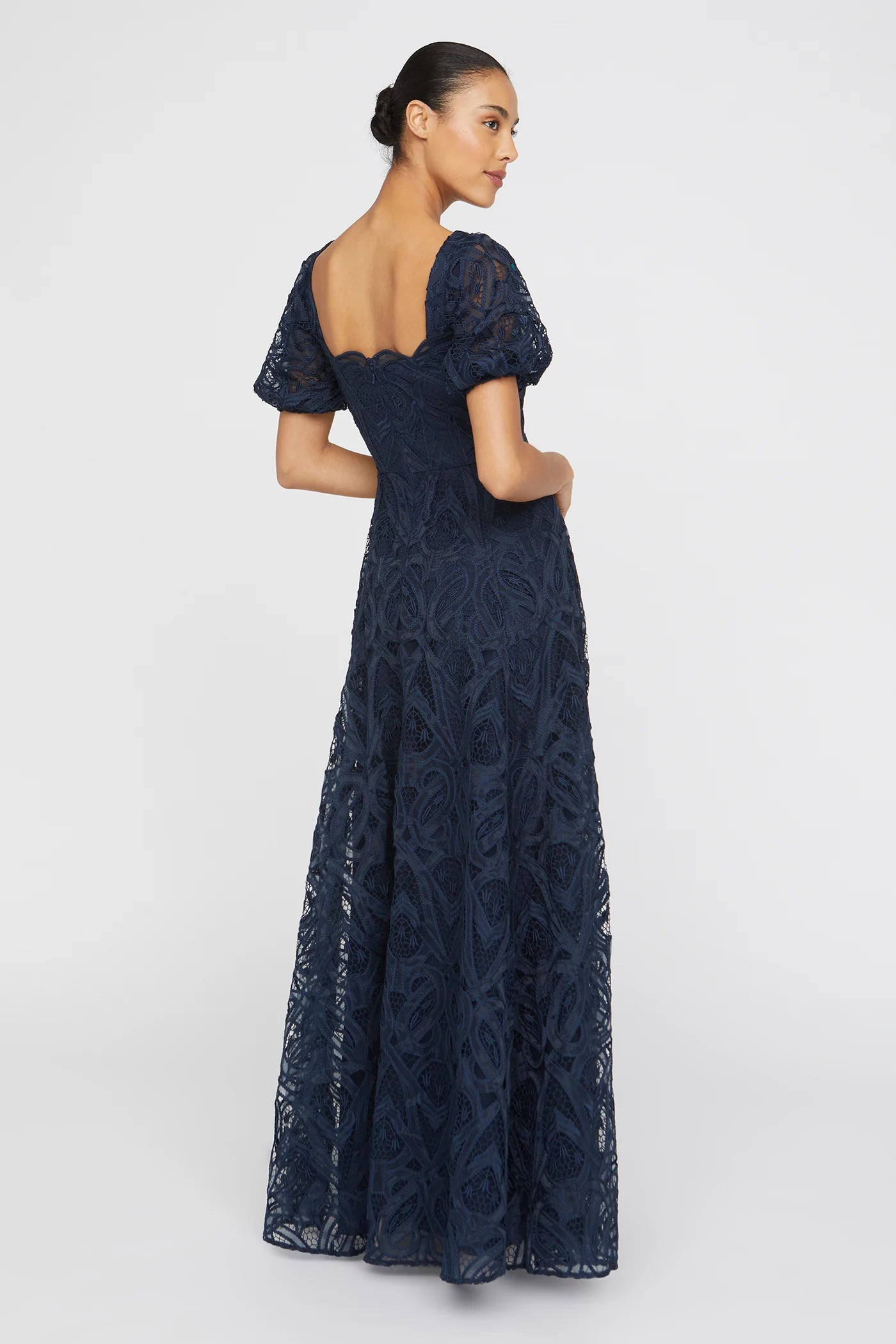 Navy Blue Lace A Line Square Neck Puff Sleeve Scallop Trim Floor Length Formal Evening Prom Dress