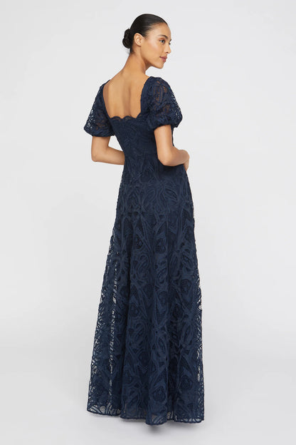 Navy Blue Lace A Line Square Neck Puff Sleeve Scallop Trim Floor Length Formal Evening Prom Dress