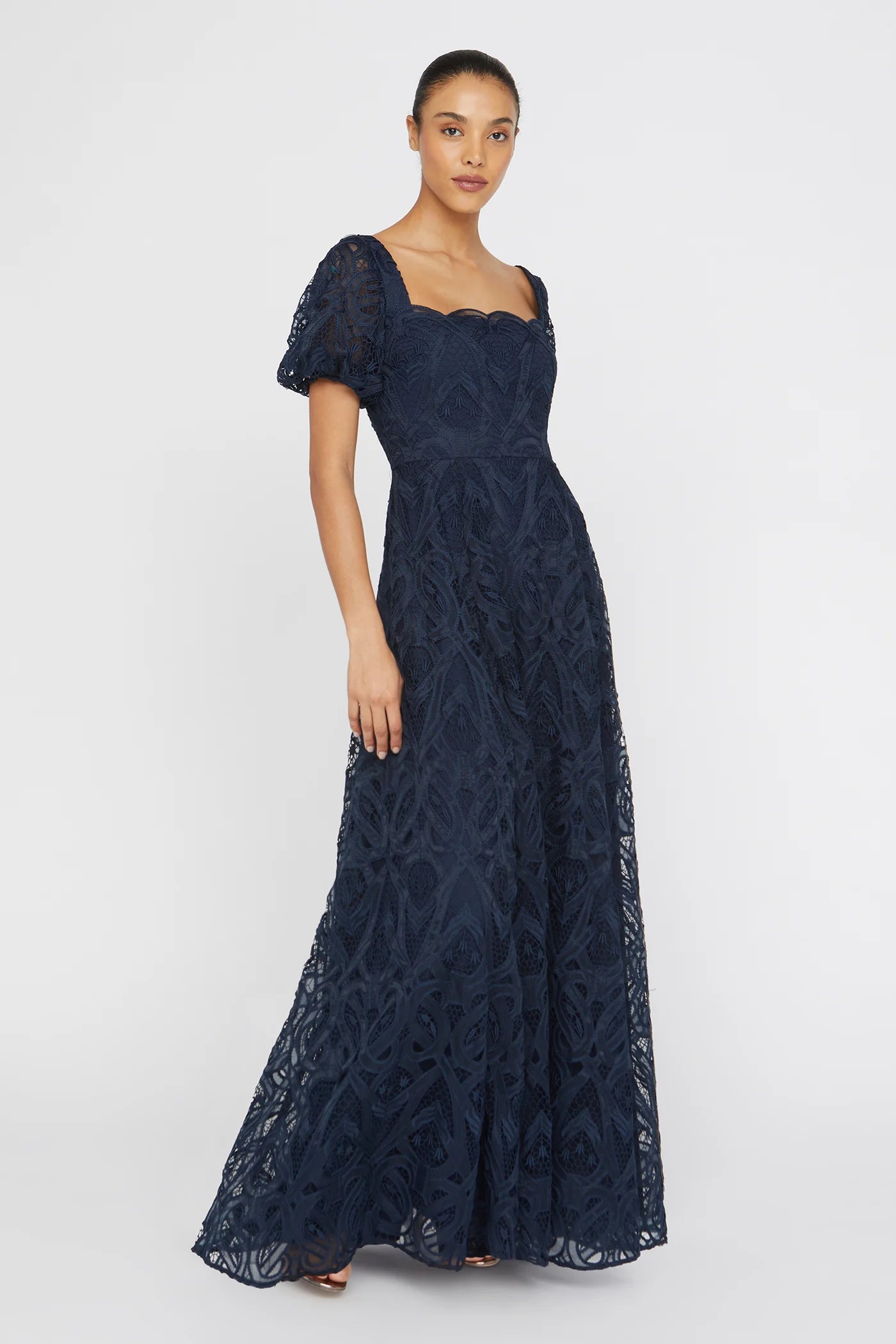 Navy Blue Lace A Line Square Neck Puff Sleeve Scallop Trim Floor Length Formal Evening Prom Dress