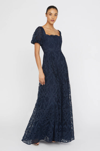 Navy Blue Lace A Line Square Neck Puff Sleeve Scallop Trim Floor Length Formal Evening Prom Dress