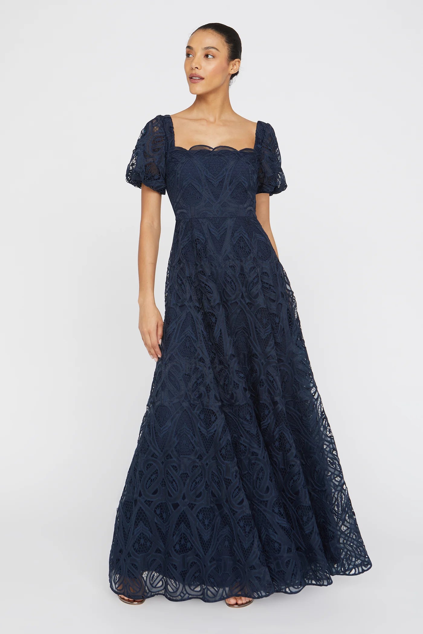 Navy Blue Lace A Line Square Neck Puff Sleeve Scallop Trim Floor Length Formal Evening Prom Dress