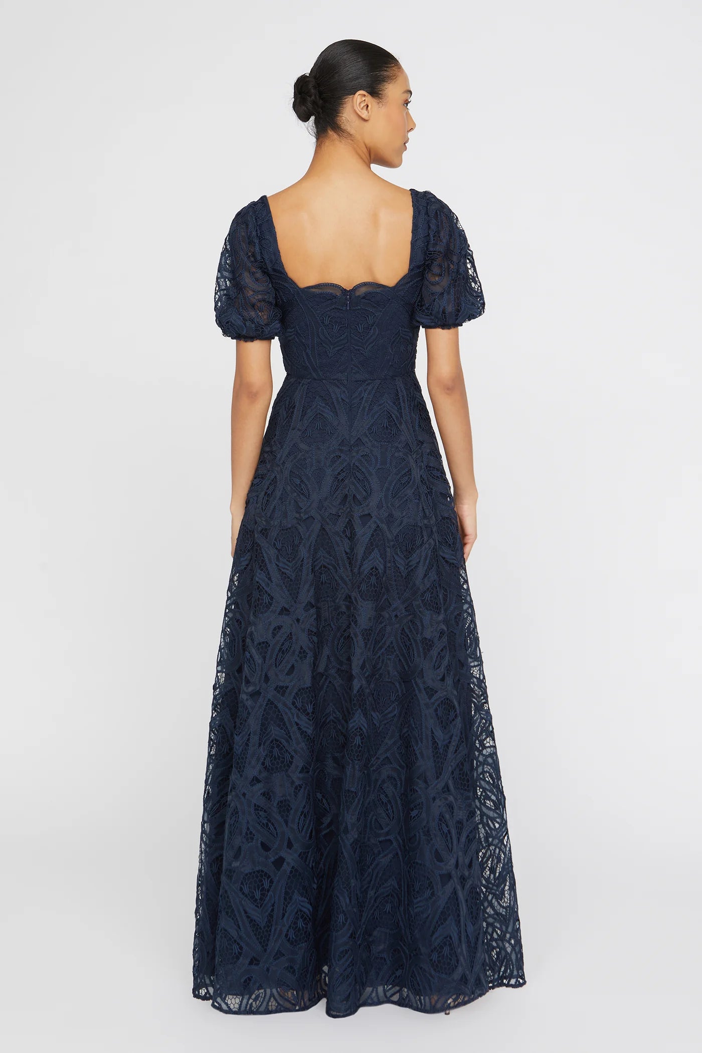 Navy Blue Lace A Line Square Neck Puff Sleeve Scallop Trim Floor Length Formal Evening Prom Dress