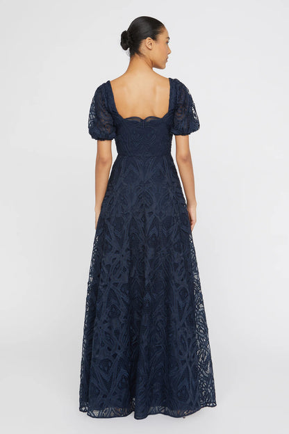 Navy Blue Lace A Line Square Neck Puff Sleeve Scallop Trim Floor Length Formal Evening Prom Dress