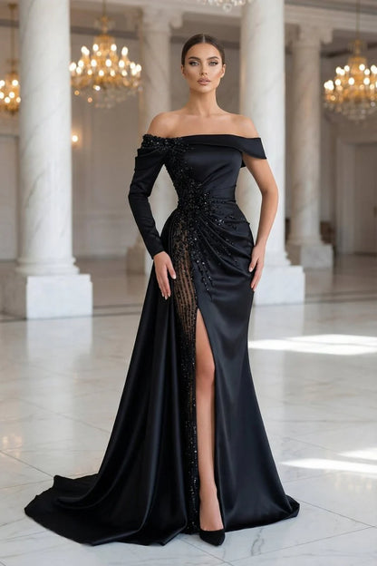 Navy Blue Off Shoulder Beaded Illusion Slit Satin Mermaid Prom Dresses