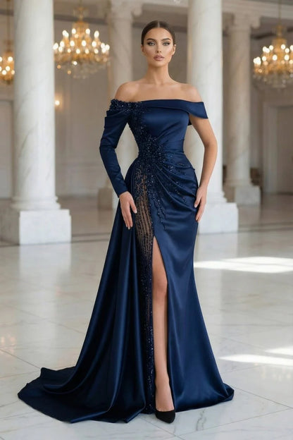 Navy Blue Off Shoulder Beaded Illusion Slit Satin Mermaid Prom Dresses