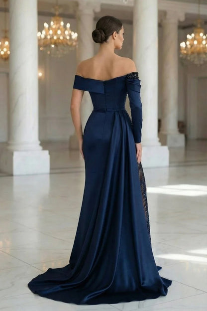 Navy Blue Off Shoulder Beaded Illusion Slit Satin Mermaid Prom Dresses