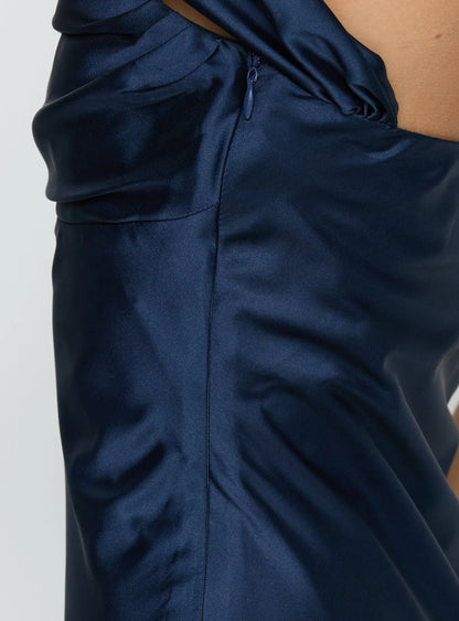 Navy Blue Off Shoulder Satin Prom Dress with Draped Bust and Mermaid Skirt for Formal Events and Prom Nights