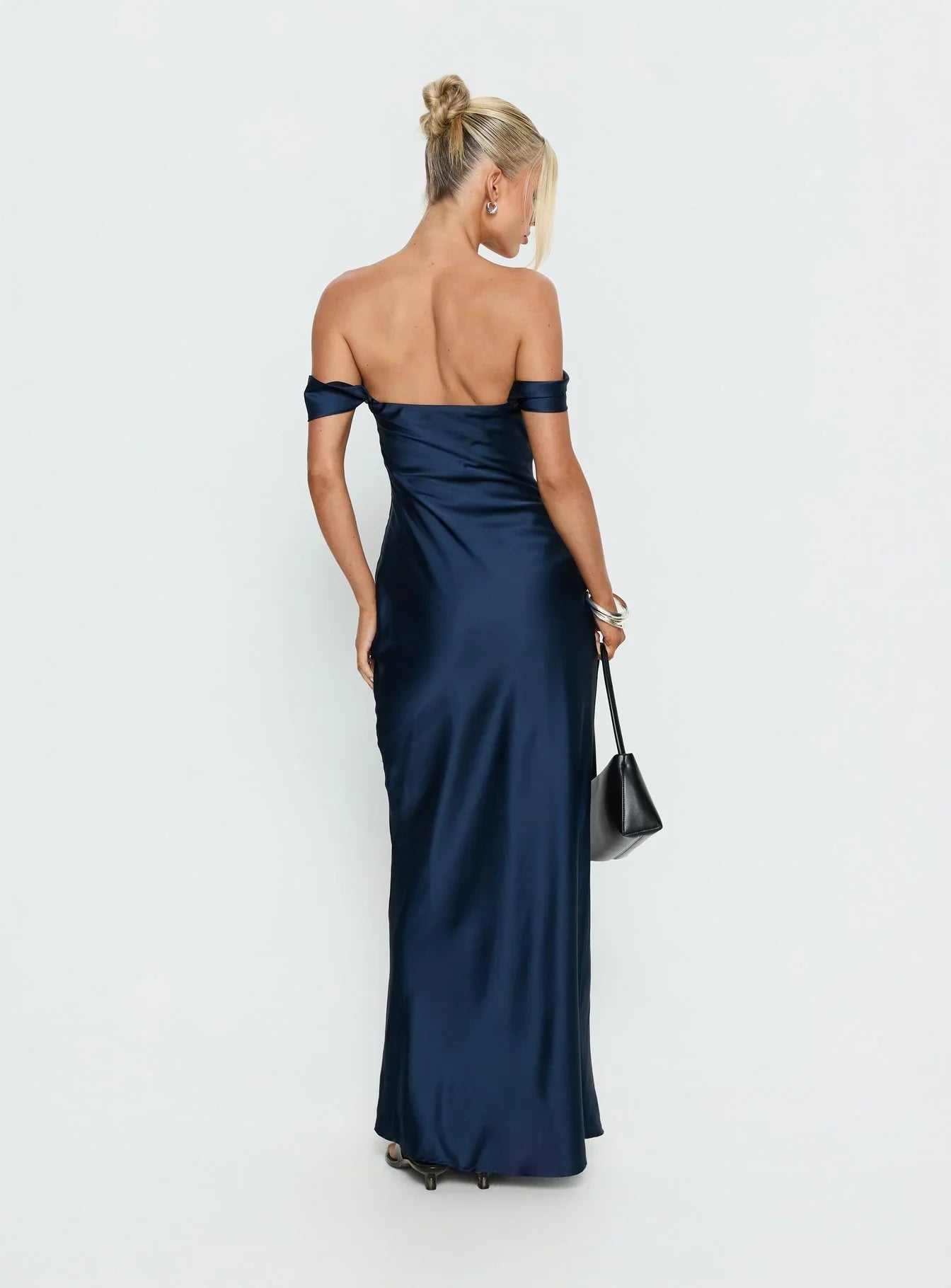 Navy Blue Off Shoulder Satin Prom Dress with Draped Bust and Mermaid Skirt for Formal Events and Prom Nights