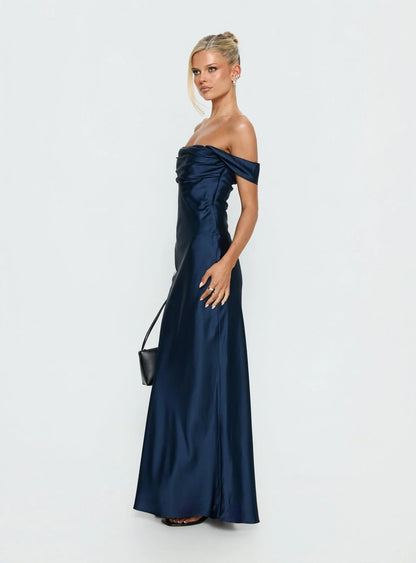 Navy Blue Off Shoulder Satin Prom Dress with Draped Bust and Mermaid Skirt for Formal Events and Prom Nights