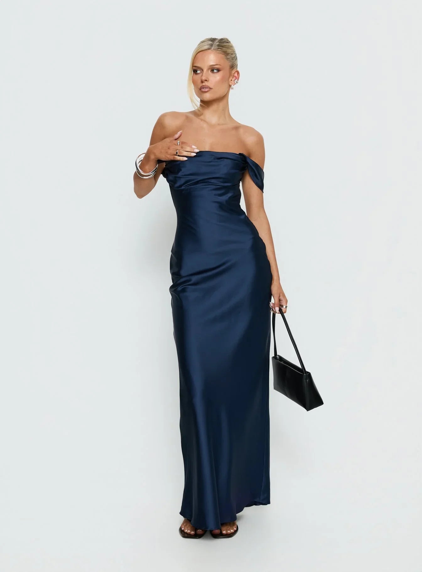 Navy Blue Off Shoulder Satin Prom Dress with Draped Bust and Mermaid Skirt for Formal Events and Prom Nights