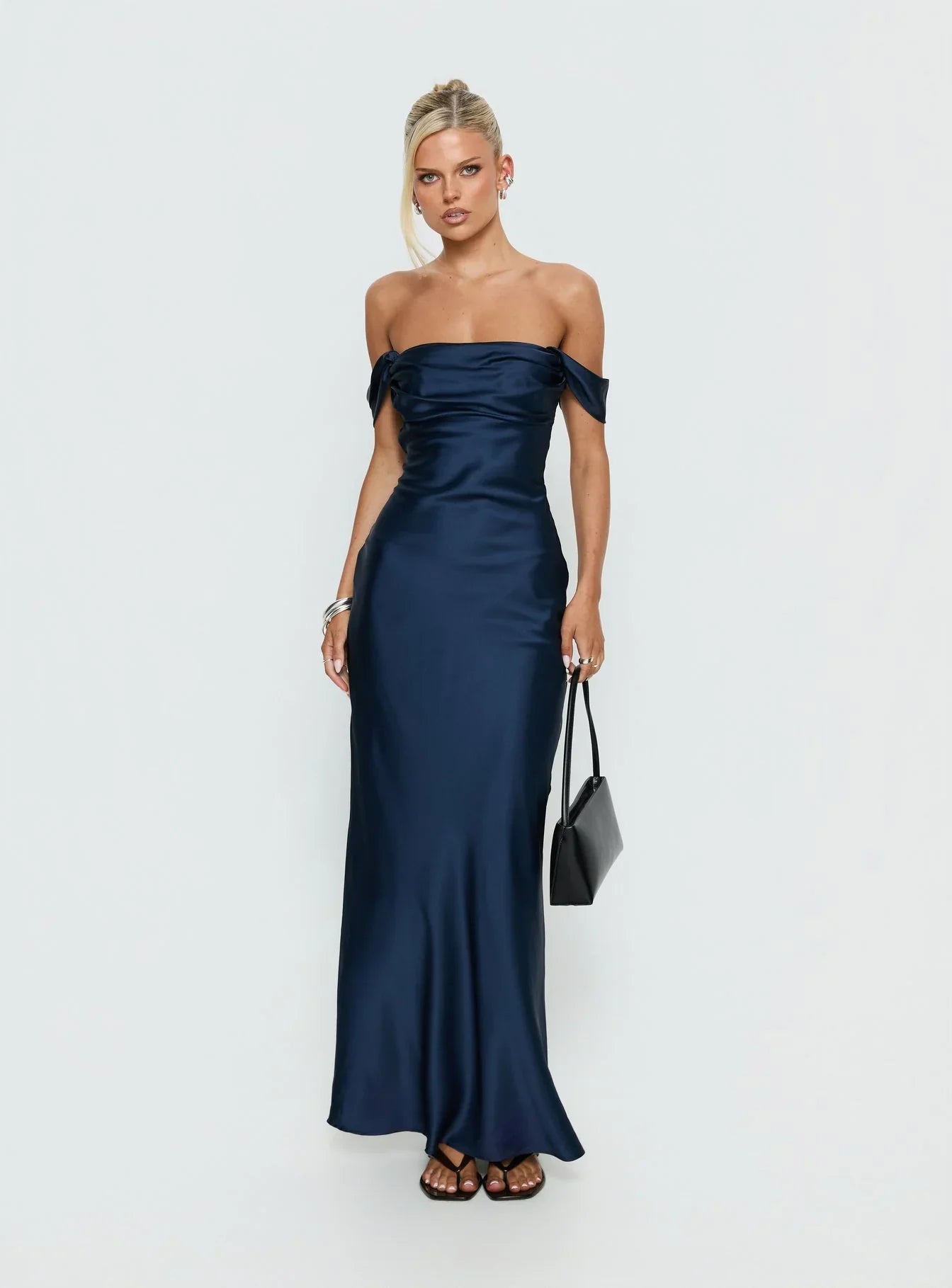 Navy Blue Off Shoulder Satin Prom Dress with Draped Bust and Mermaid Skirt for Formal Events and Prom Nights
