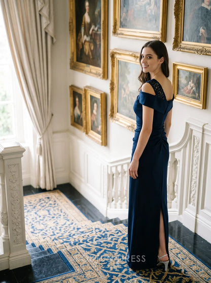 Navy Blue One Shoulder Lace Detail Ruched Crepe Floor Length Formal Evening Prom Dress