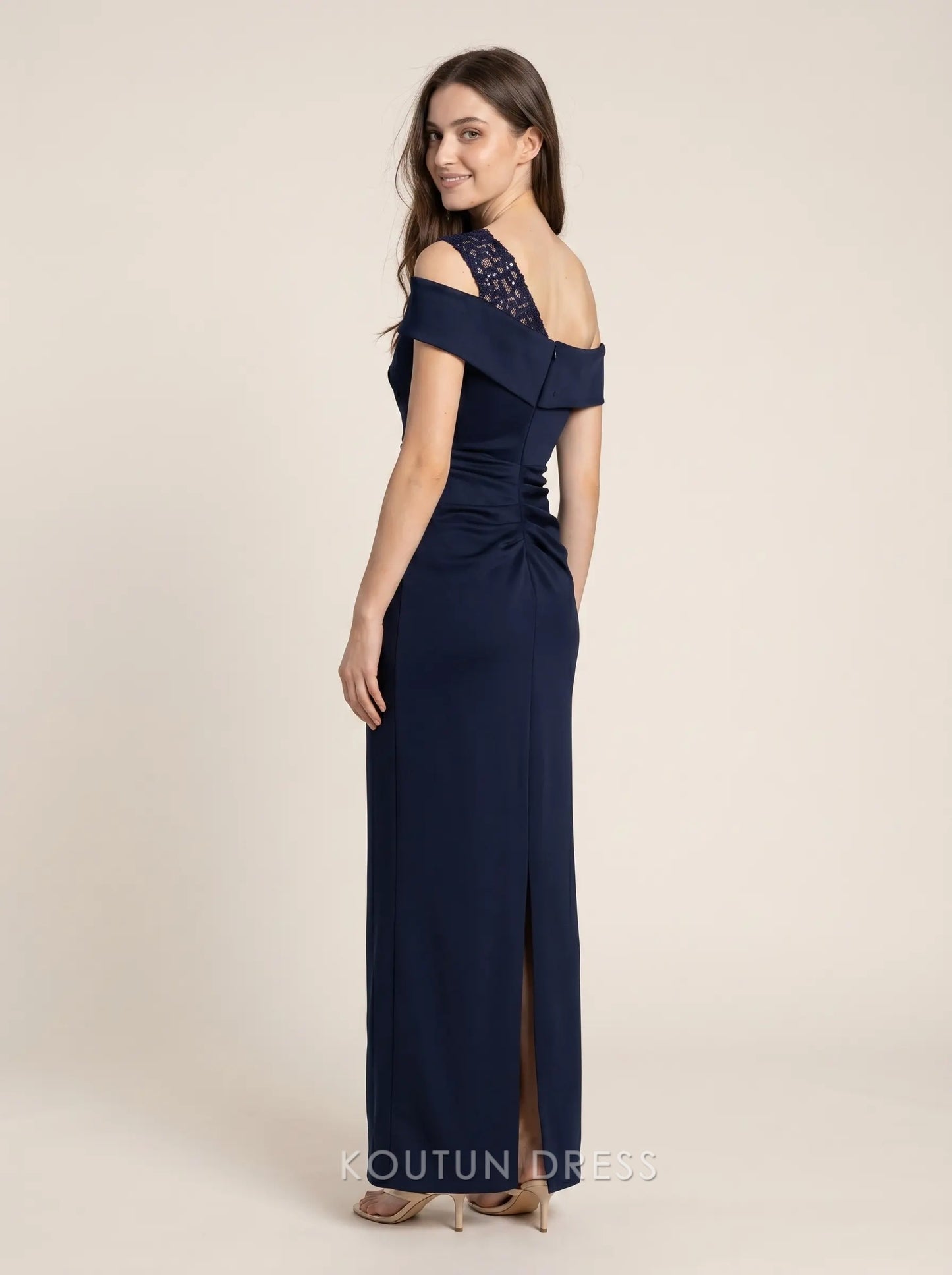Navy Blue One Shoulder Lace Detail Ruched Crepe Floor Length Formal Evening Prom Dress