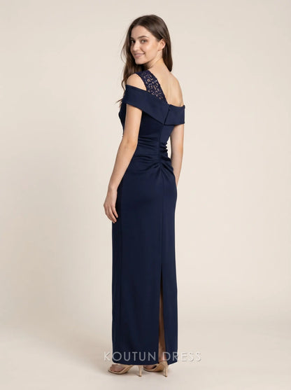 Navy Blue One Shoulder Lace Detail Ruched Crepe Floor Length Formal Evening Prom Dress