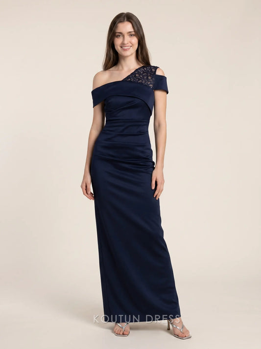 Navy Blue One Shoulder Lace Detail Ruched Crepe Floor Length Formal Evening Prom Dress