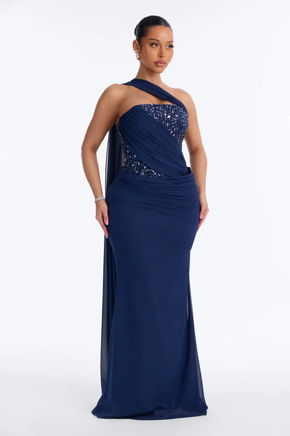 Navy Blue One Shoulder Sequin Chiffon Mermaid Evening Dress With Lace Up Corset Back