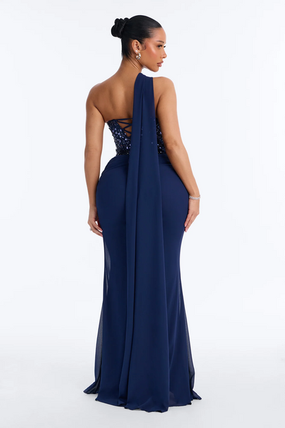 Navy Blue One Shoulder Sequin Chiffon Mermaid Evening Dress With Lace Up Corset Back