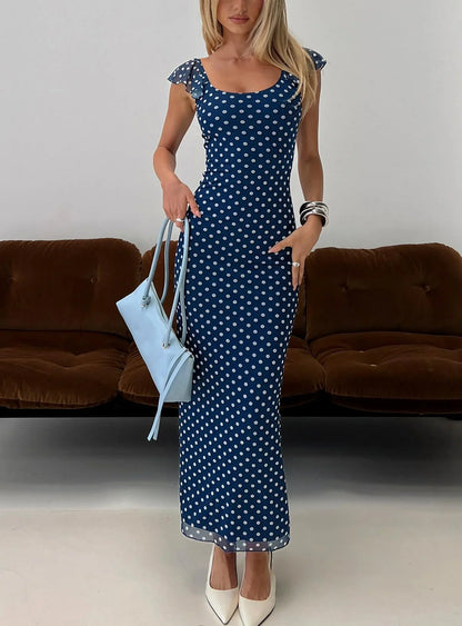 Navy Blue Polka Dot Prom Dress with Ruffled Cap Sleeves and Scoop Neck for Formal Events and Prom Nights